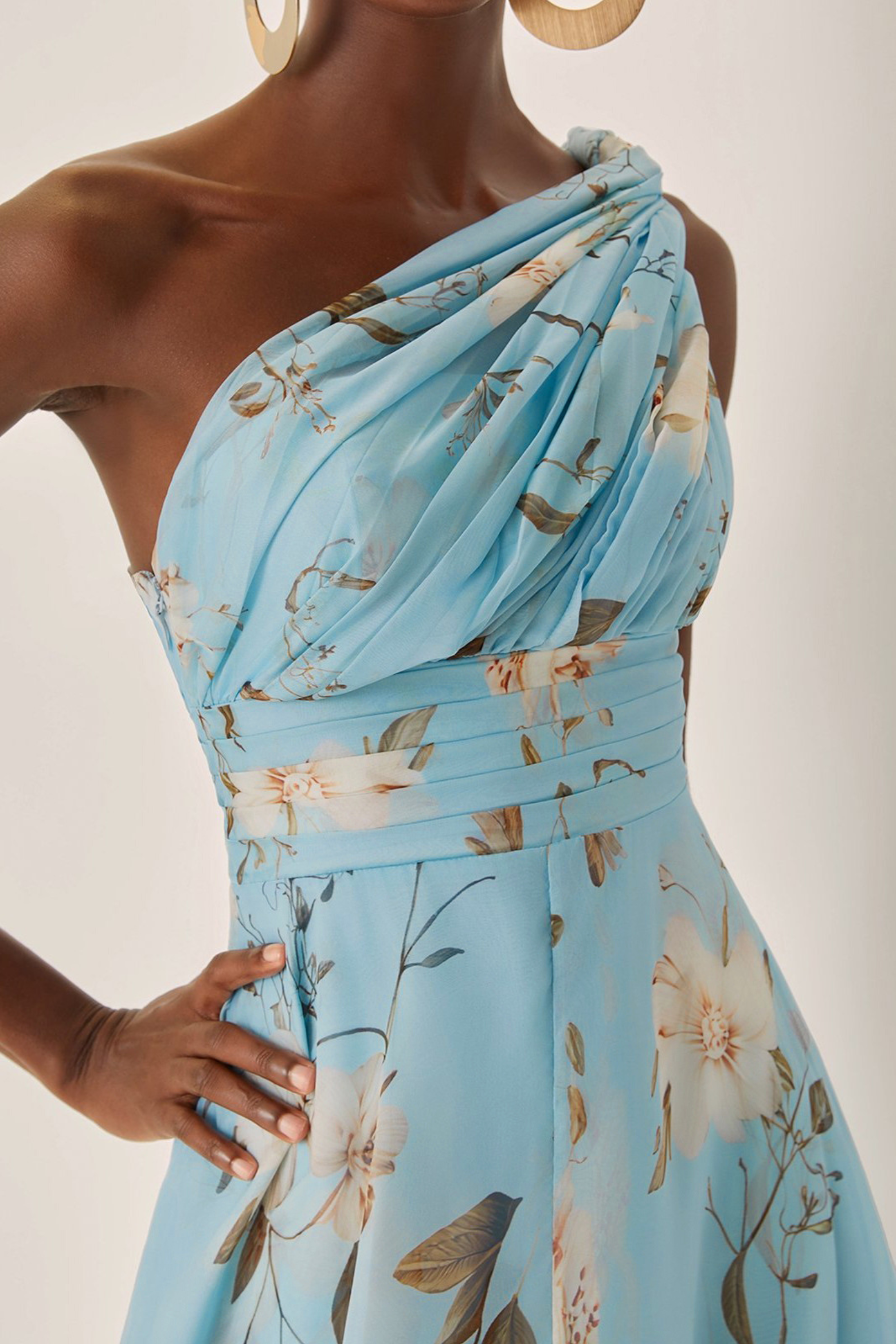 Floral Pleated One Shoulder Dress