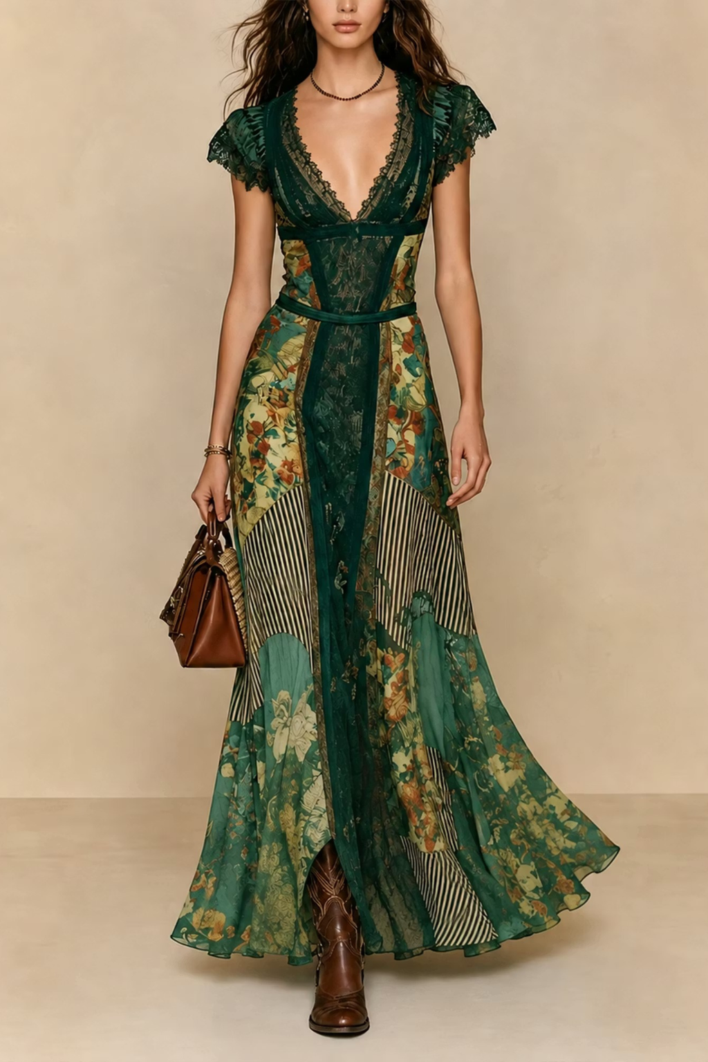 Forest Green Striped Lace Maxi Dress