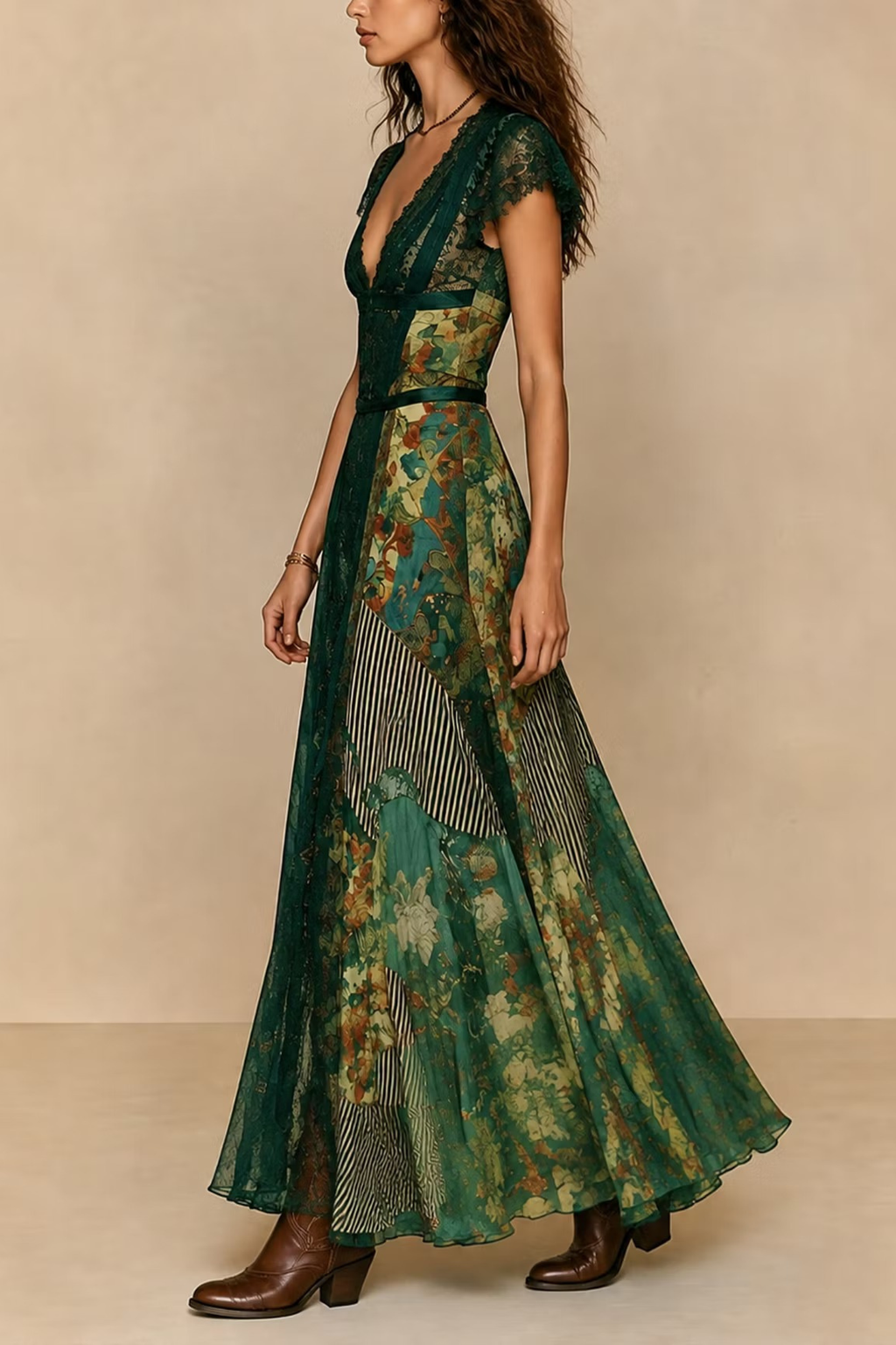 Forest Green Striped Lace Maxi Dress