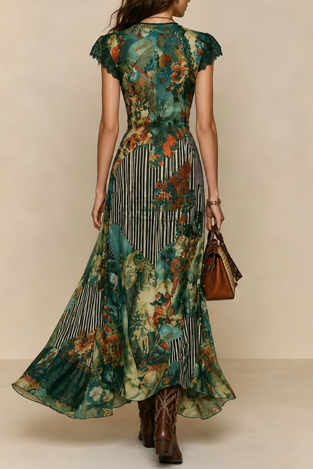 Forest Green Striped Lace Maxi Dress