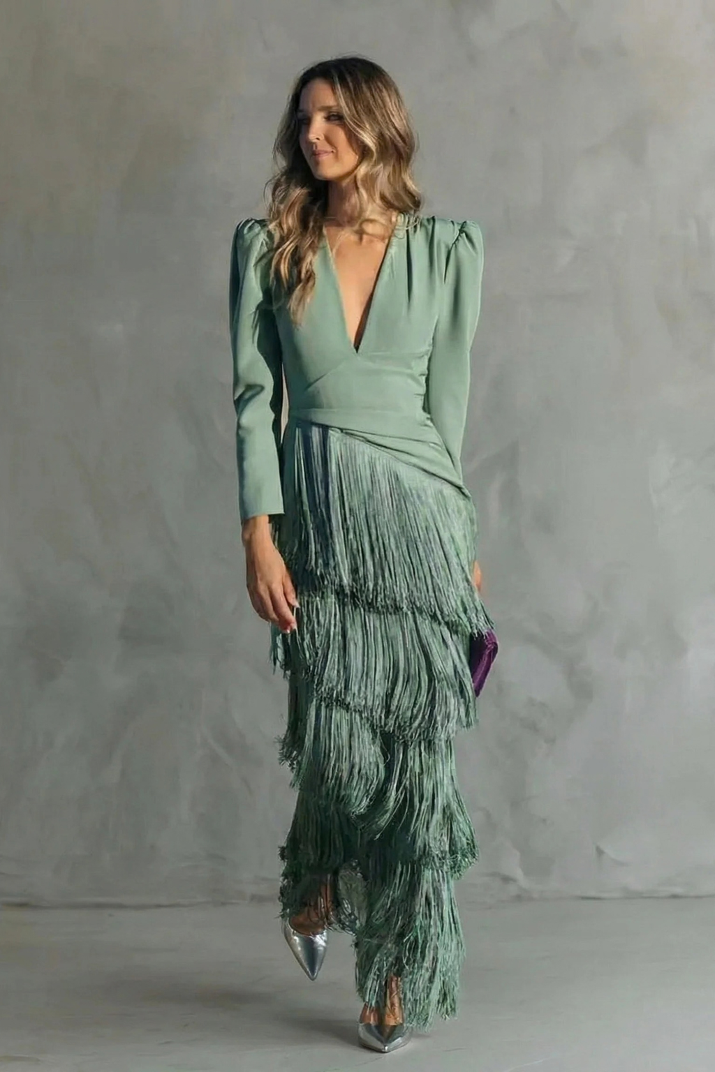 Fringe Deep V-Neck Tiered Maxi Dress