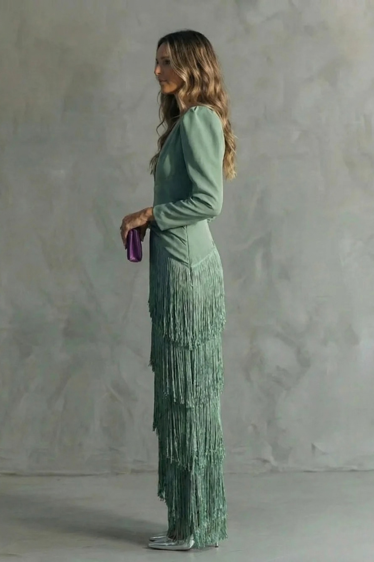 Fringe Deep V-Neck Tiered Maxi Dress
