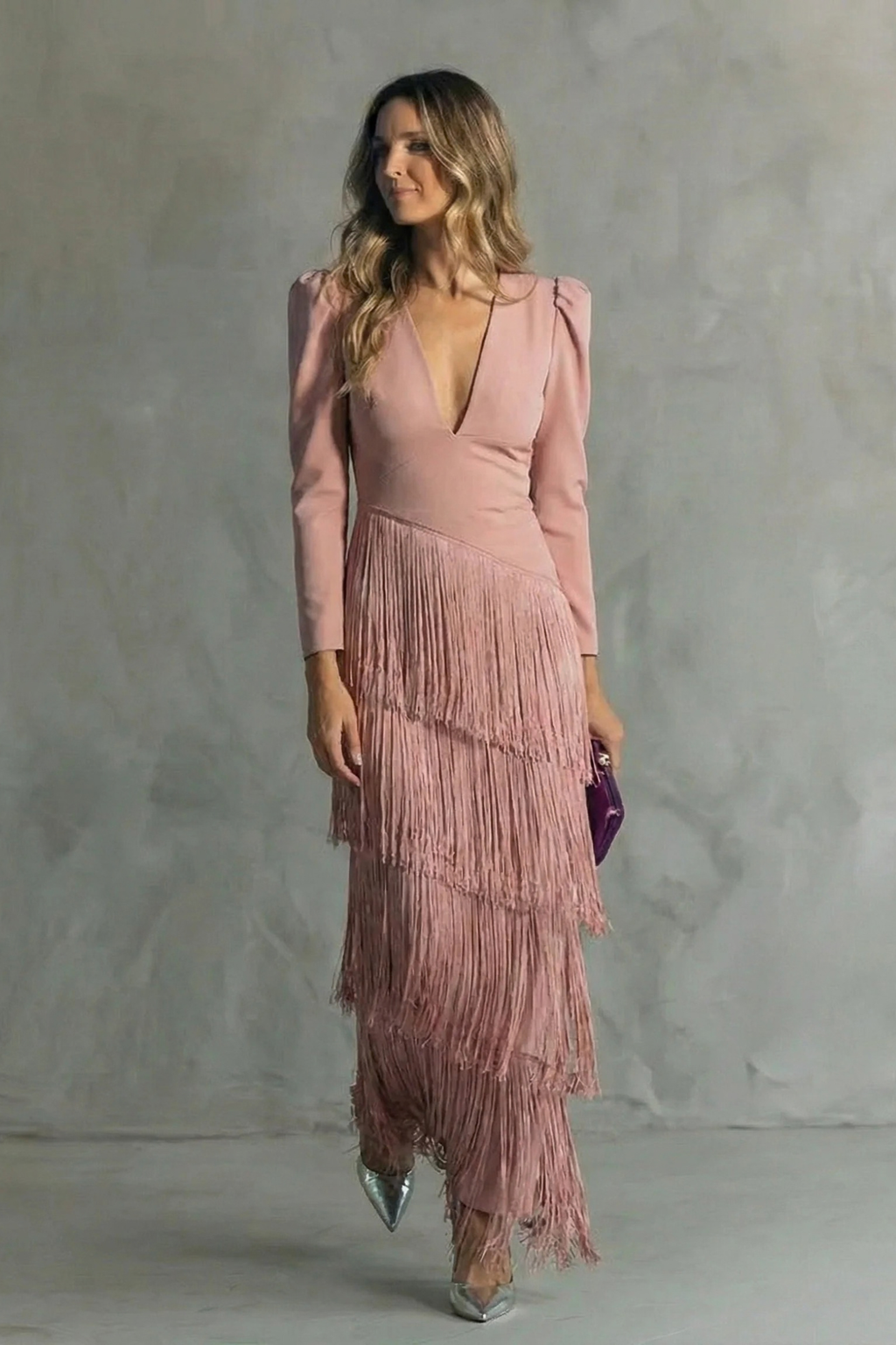 Fringe Deep V-Neck Tiered Maxi Dress