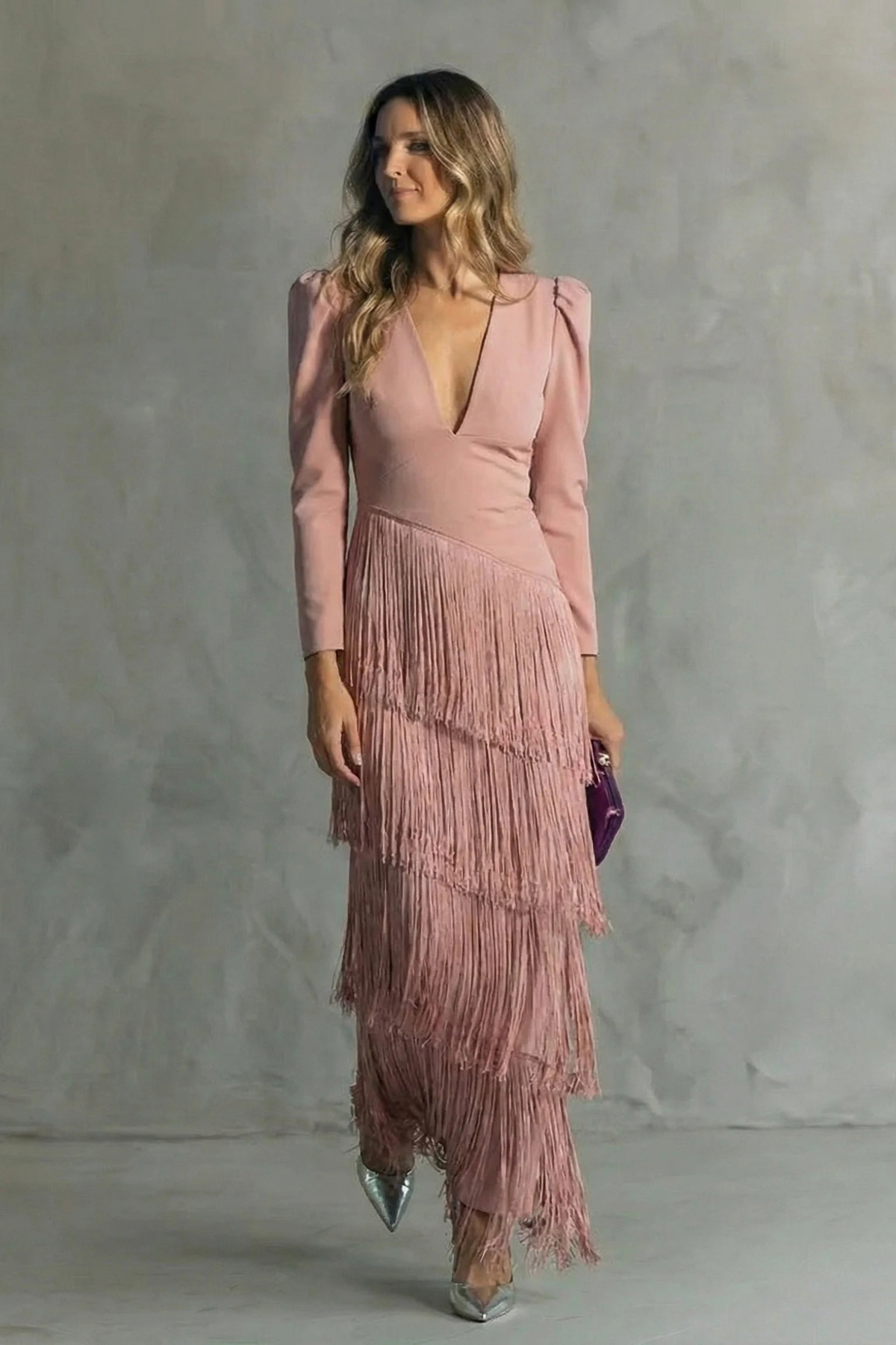 Fringe Deep V-Neck Tiered Maxi Dress