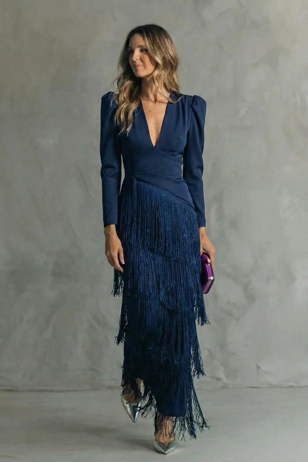 Fringe Deep V-Neck Tiered Maxi Dress