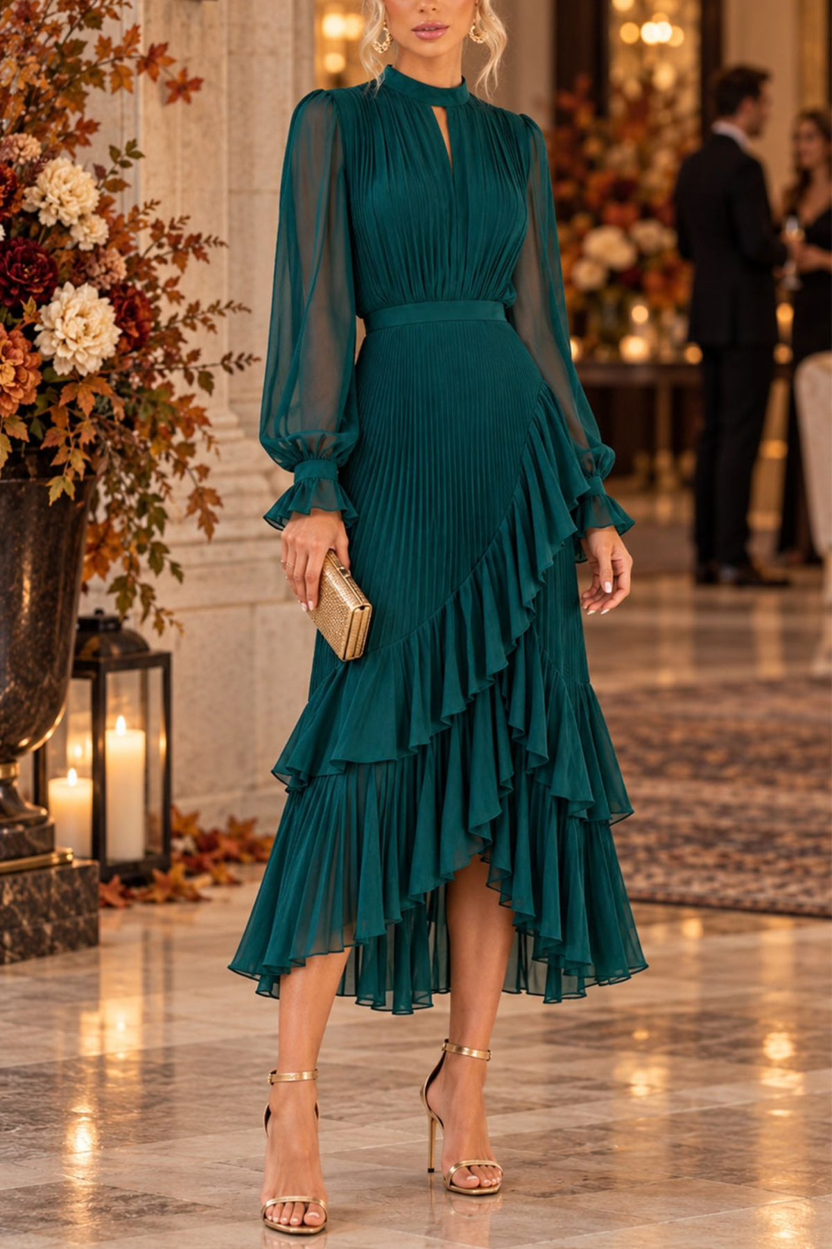 Fringe Mock Neck Ruffle High-Low Midi Dress