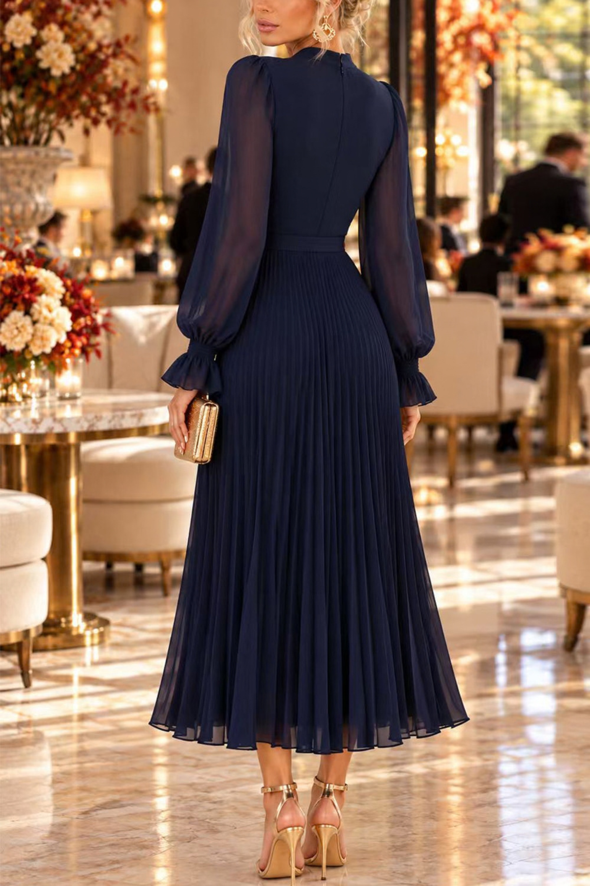 Fringe Mock Neck Ruffle High-Low Midi Dress