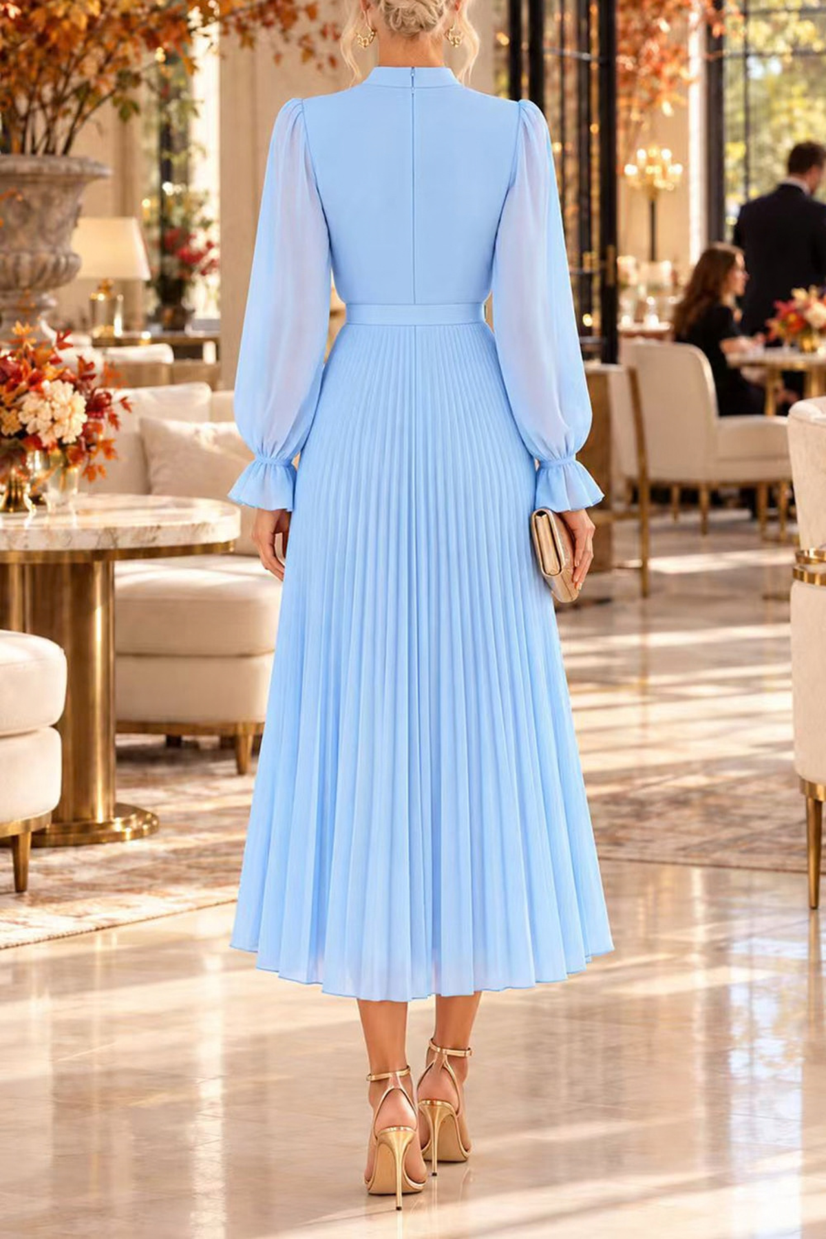 Fringe Mock Neck Ruffle High-Low Midi Dress