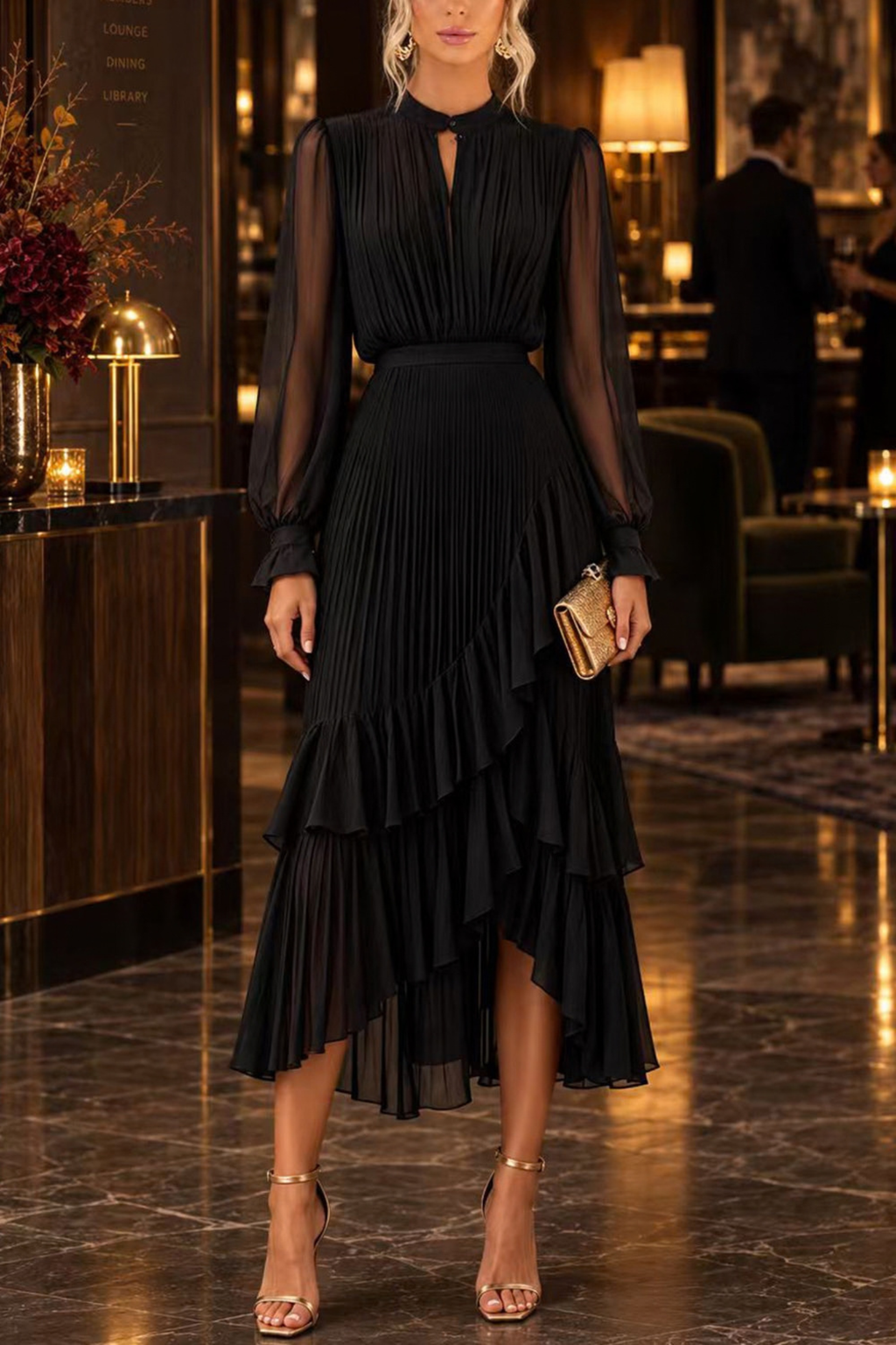 Fringe Mock Neck Ruffle High-Low Midi Dress