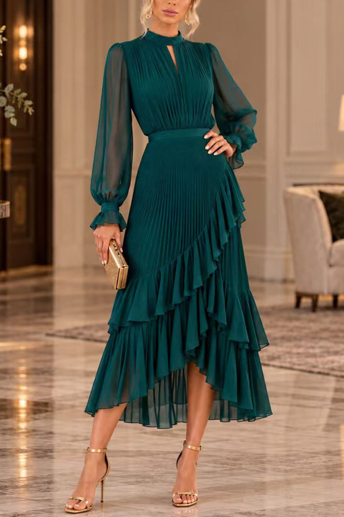 Fringe Mock Neck Ruffle High-Low Midi Dress