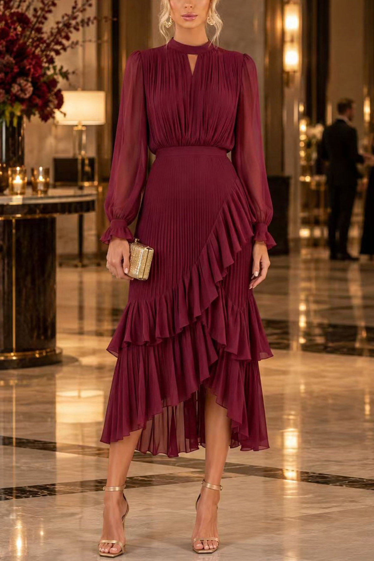 Fringe Mock Neck Ruffle High-Low Midi Dress