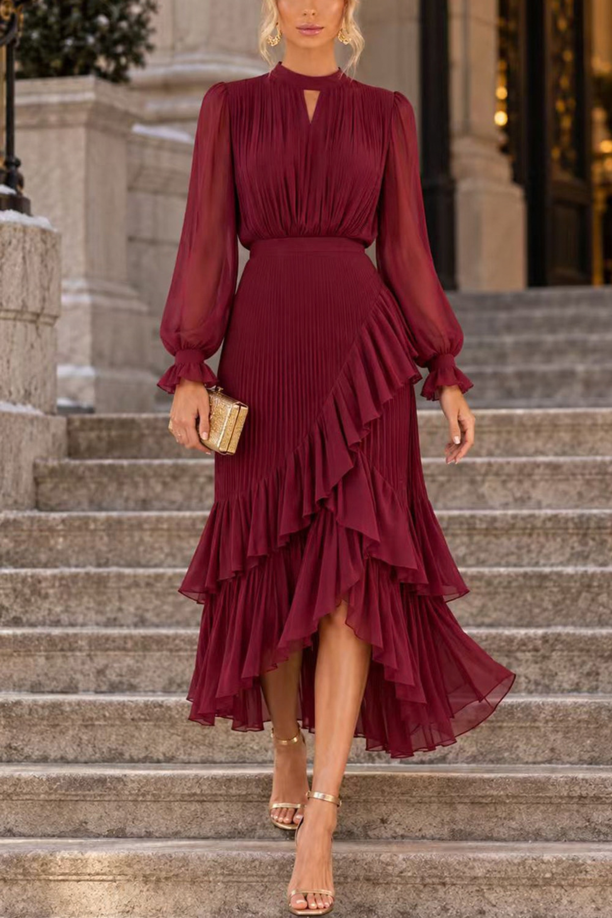 Fringe Mock Neck Ruffle High-Low Midi Dress