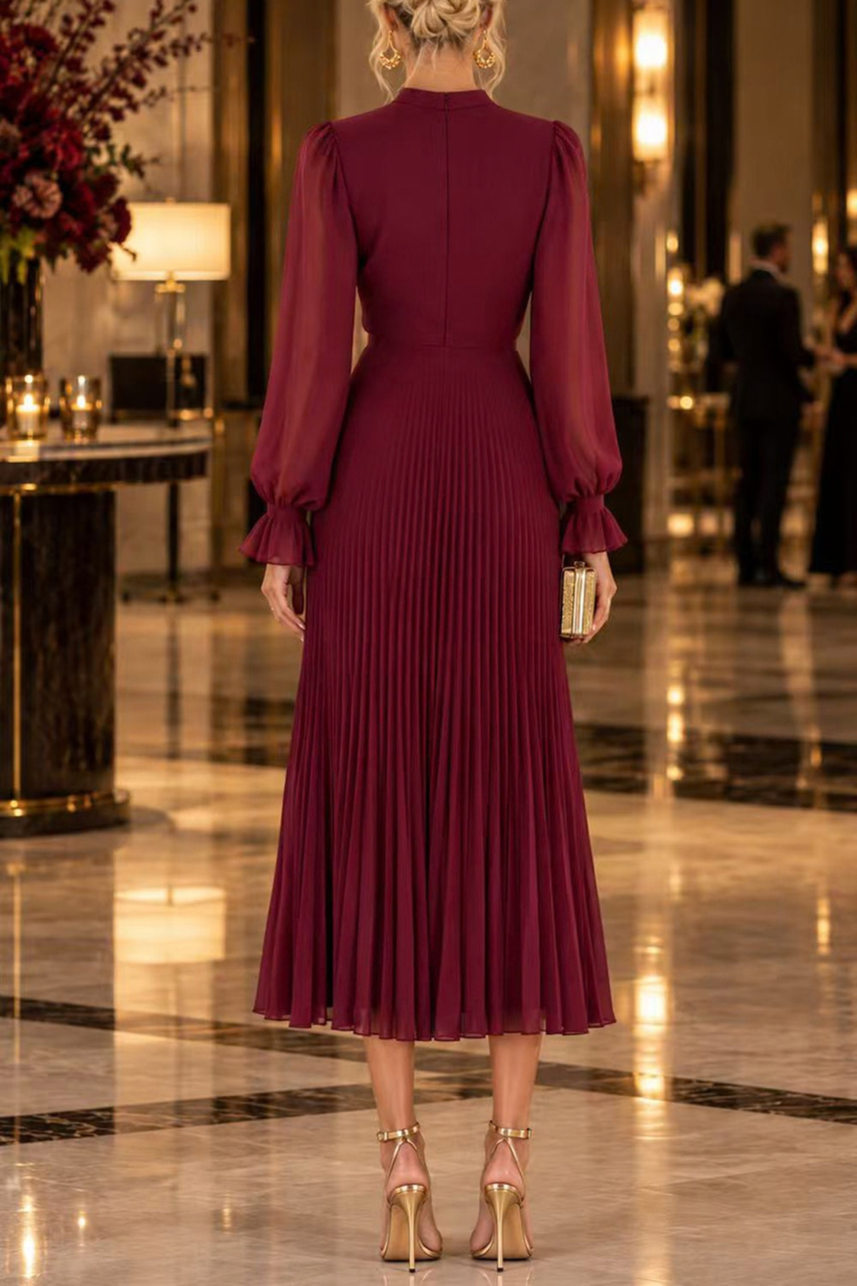 Fringe Mock Neck Ruffle High-Low Midi Dress