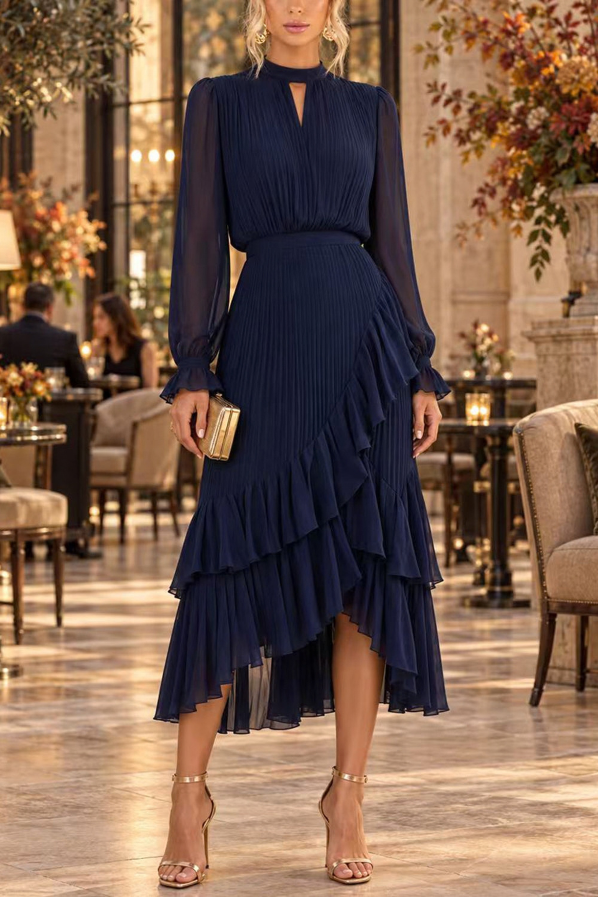 Fringe Mock Neck Ruffle High-Low Midi Dress