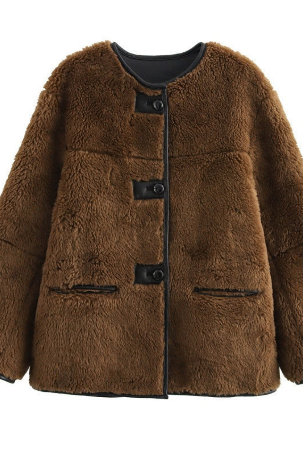 Fuzzy Round Neck Snap Button Jacket