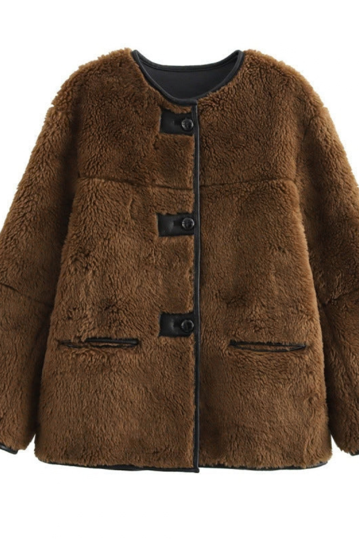 Fuzzy Round Neck Snap Button Jacket