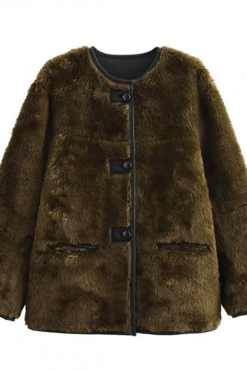Fuzzy Round Neck Snap Button Jacket