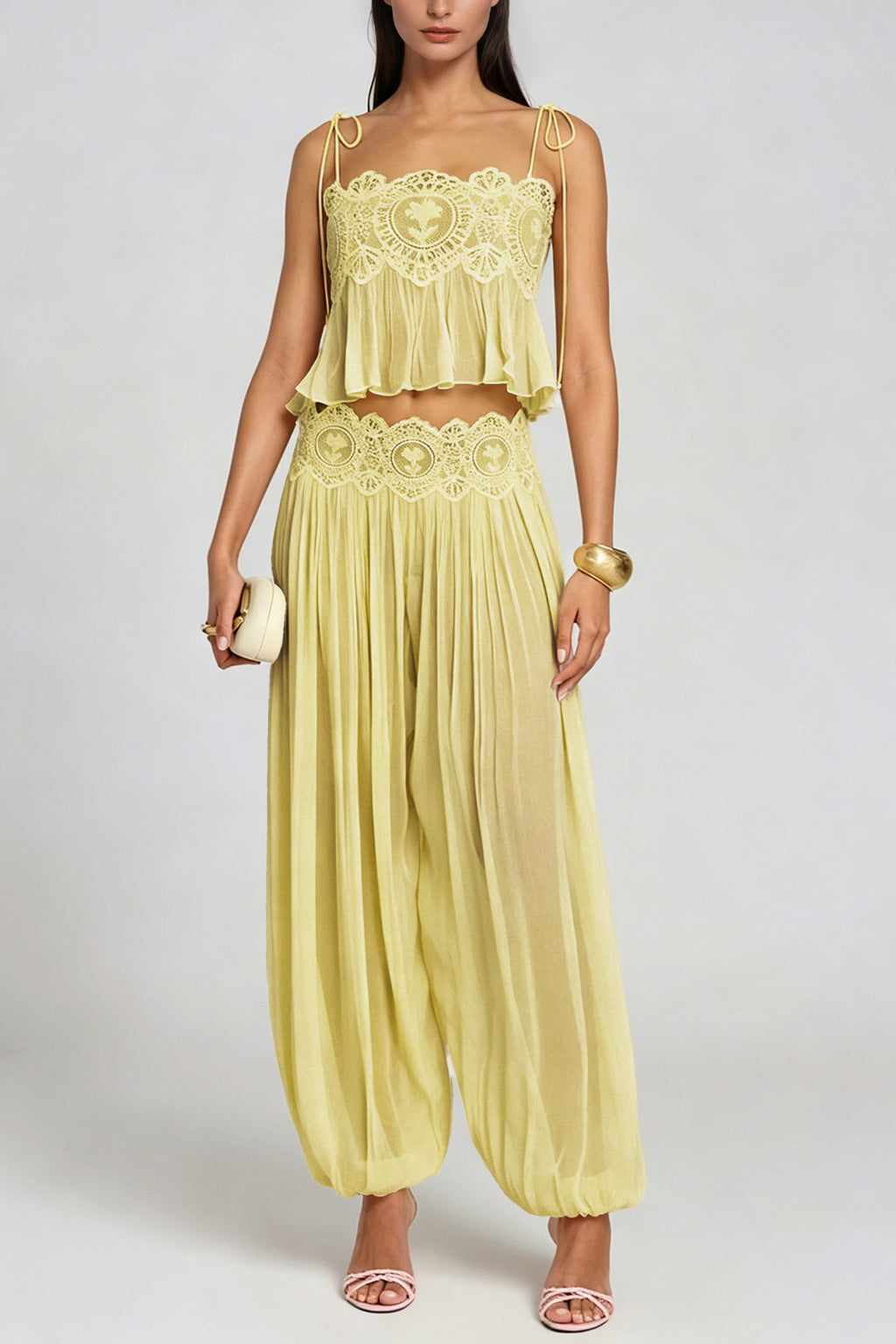 Blush Chiffon Two-Piece Set with Lace Trim Wide-Leg Pants