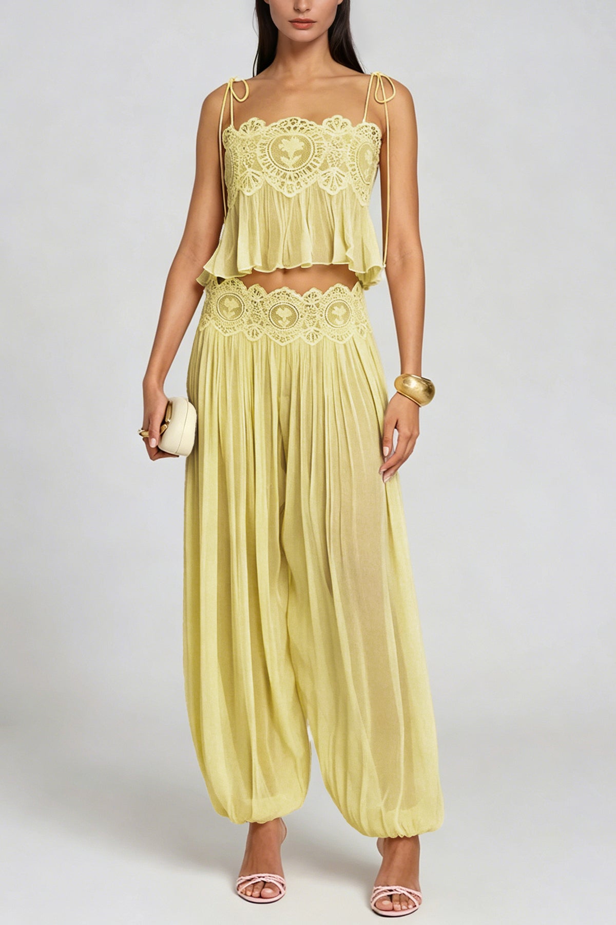 Blush Chiffon Two-Piece Set with Lace Trim Wide-Leg Pants