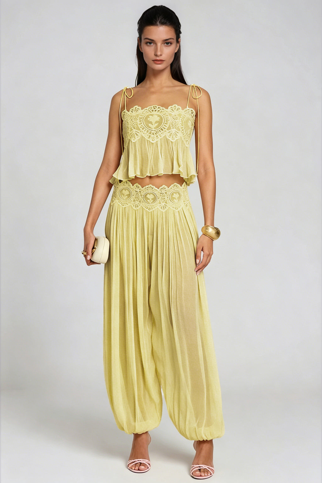 Blush Chiffon Two-Piece Set with Lace Trim Wide-Leg Pants