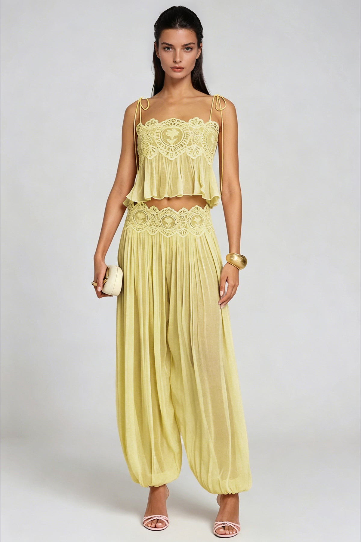 Blush Chiffon Two-Piece Set with Lace Trim Wide-Leg Pants