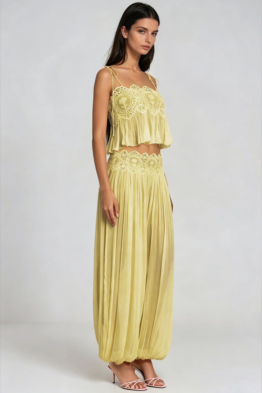 Blush Chiffon Two-Piece Set with Lace Trim Wide-Leg Pants