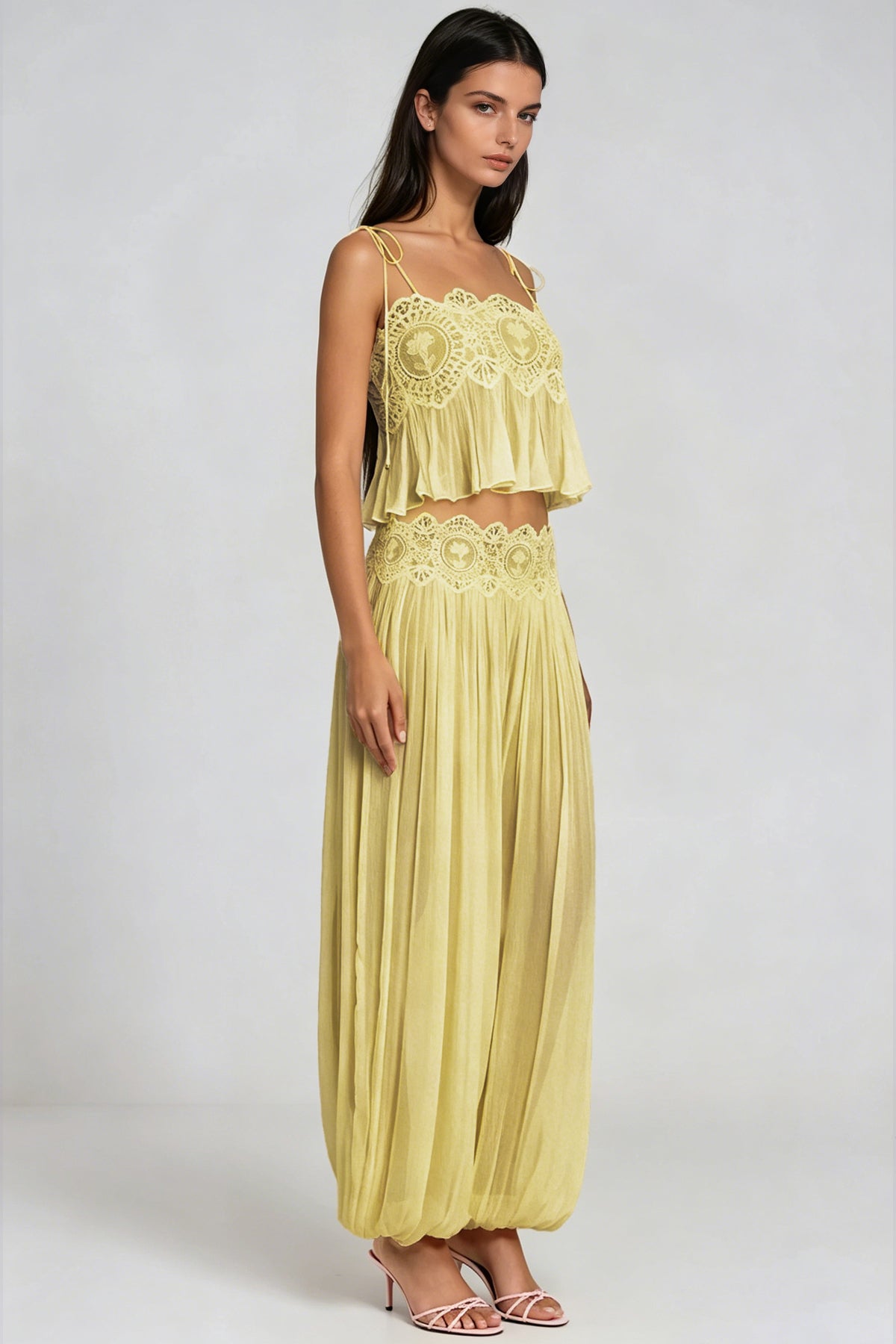 Blush Chiffon Two-Piece Set with Lace Trim Wide-Leg Pants