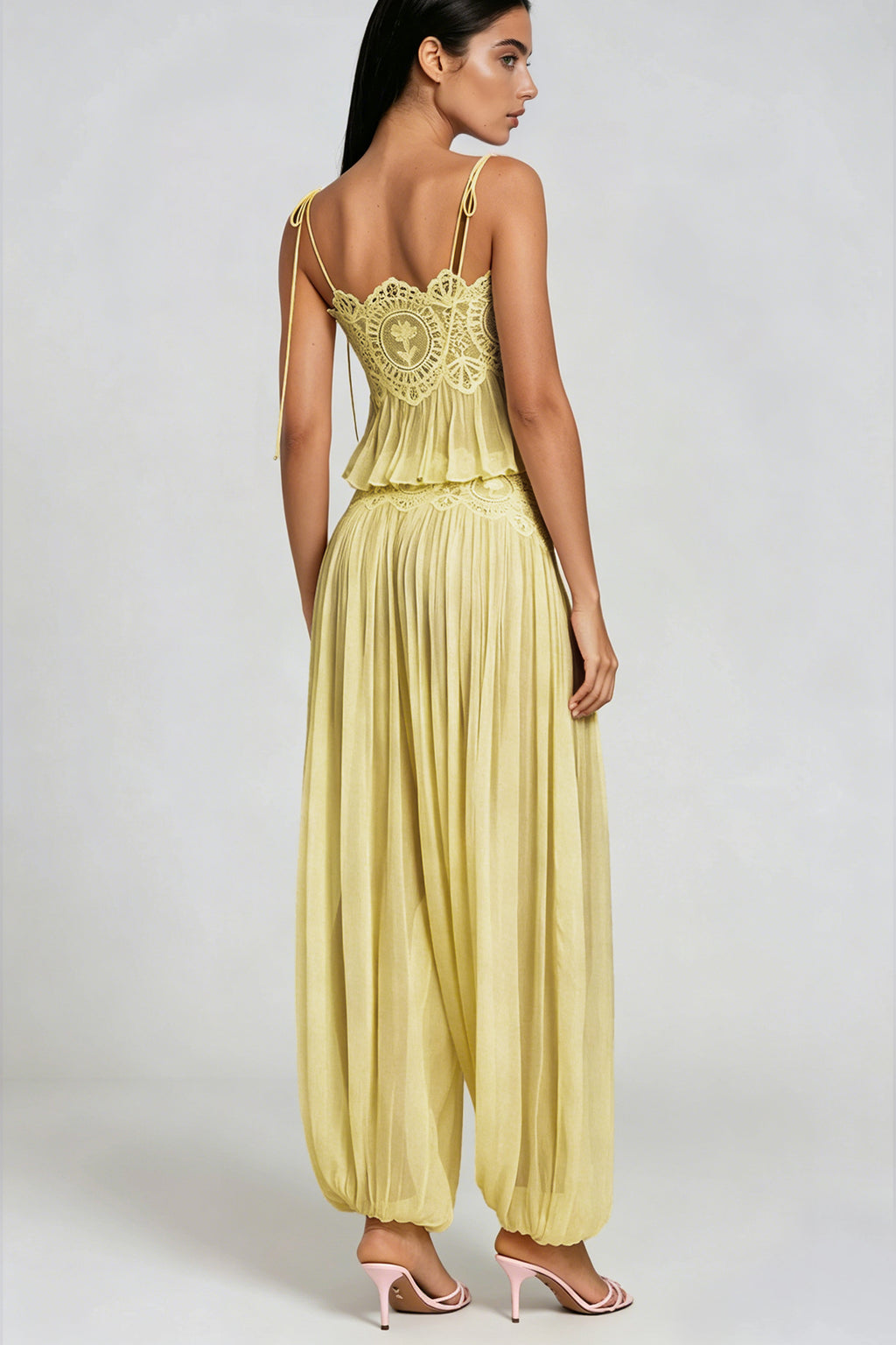 Blush Chiffon Two-Piece Set with Lace Trim Wide-Leg Pants