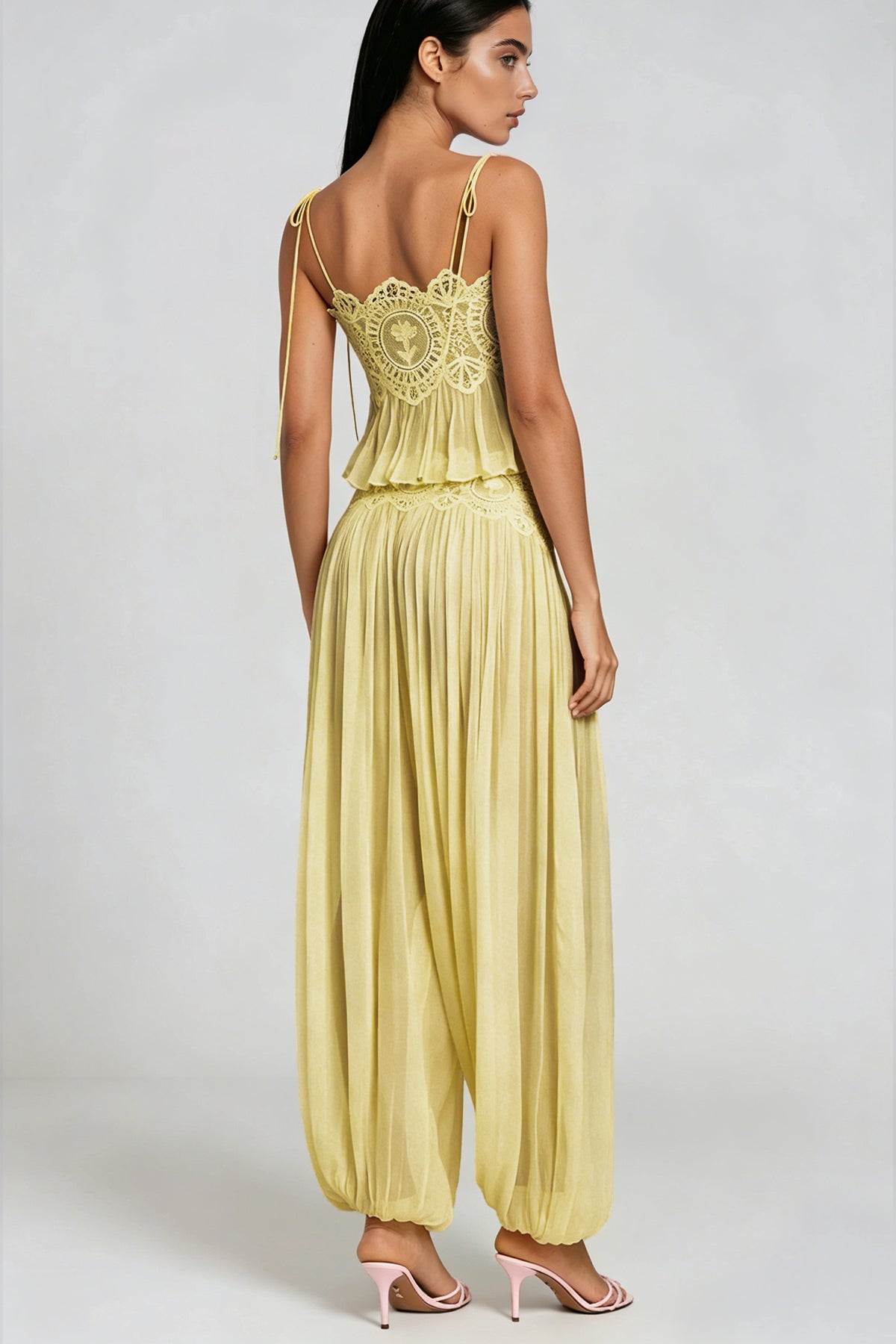Blush Chiffon Two-Piece Set with Lace Trim Wide-Leg Pants