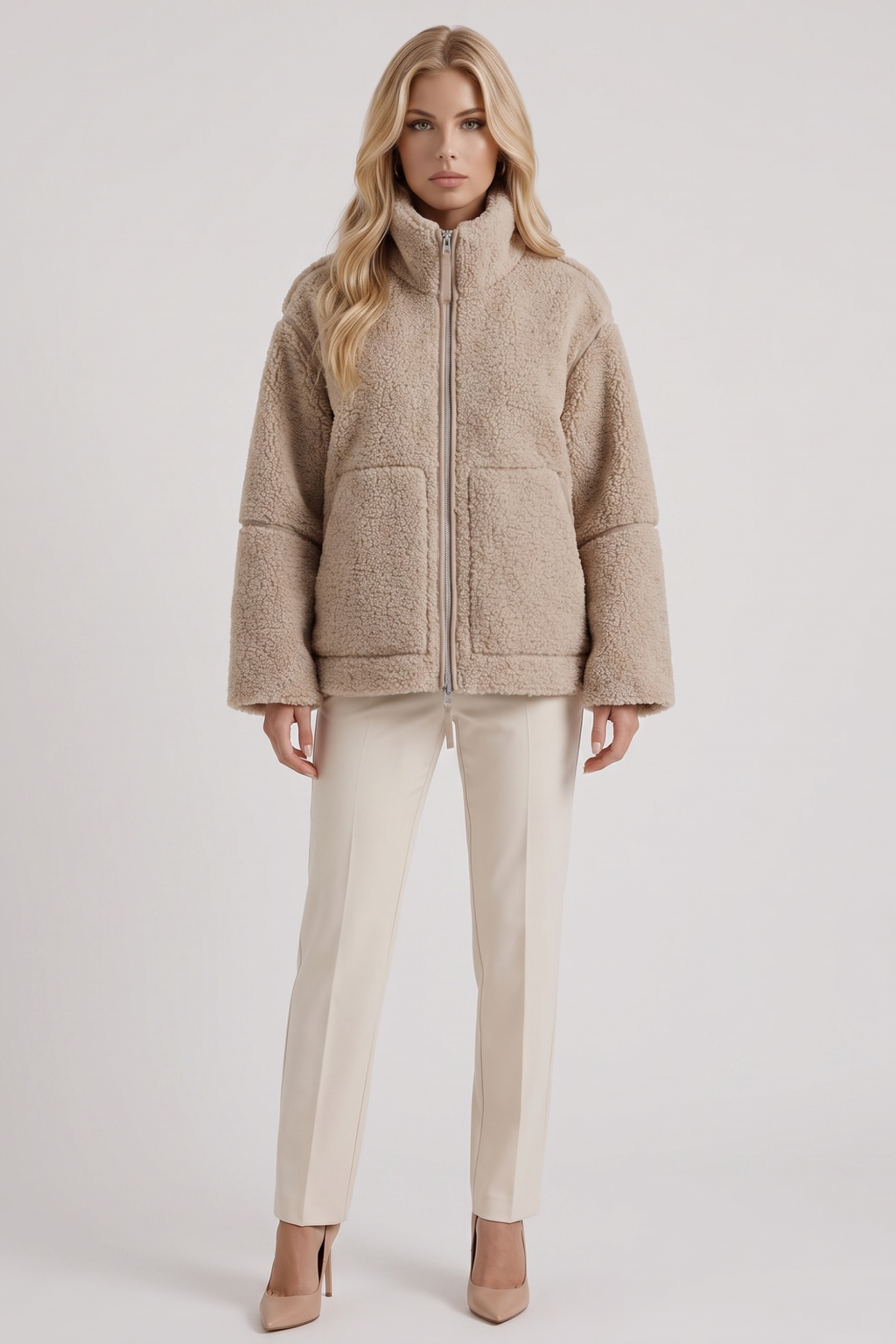 High Collar Zip Front Teddy Jacket