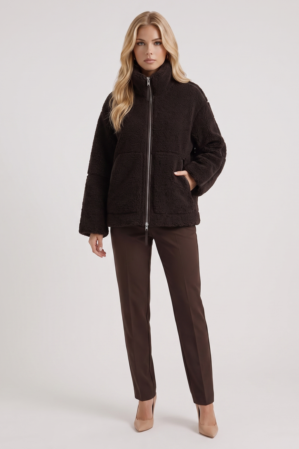 High Collar Zip Front Teddy Jacket