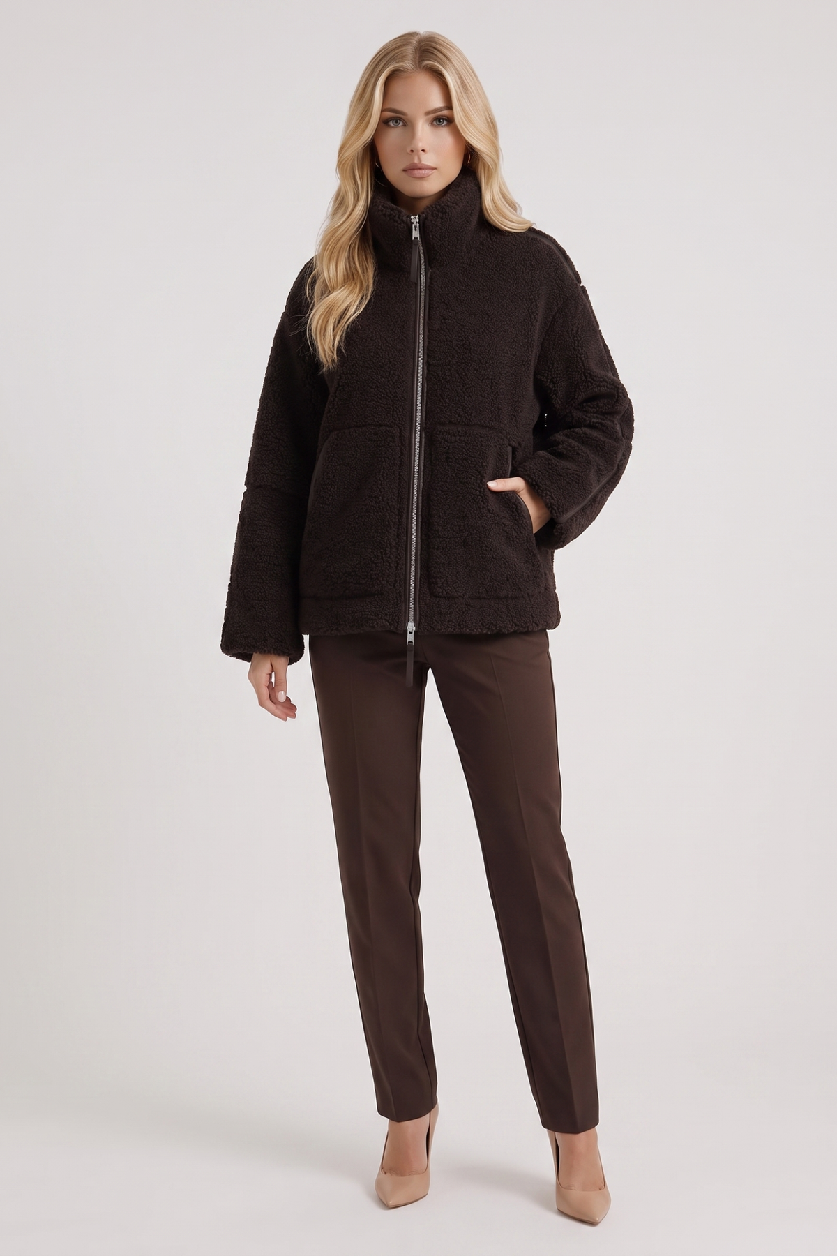 High Collar Zip Front Teddy Jacket