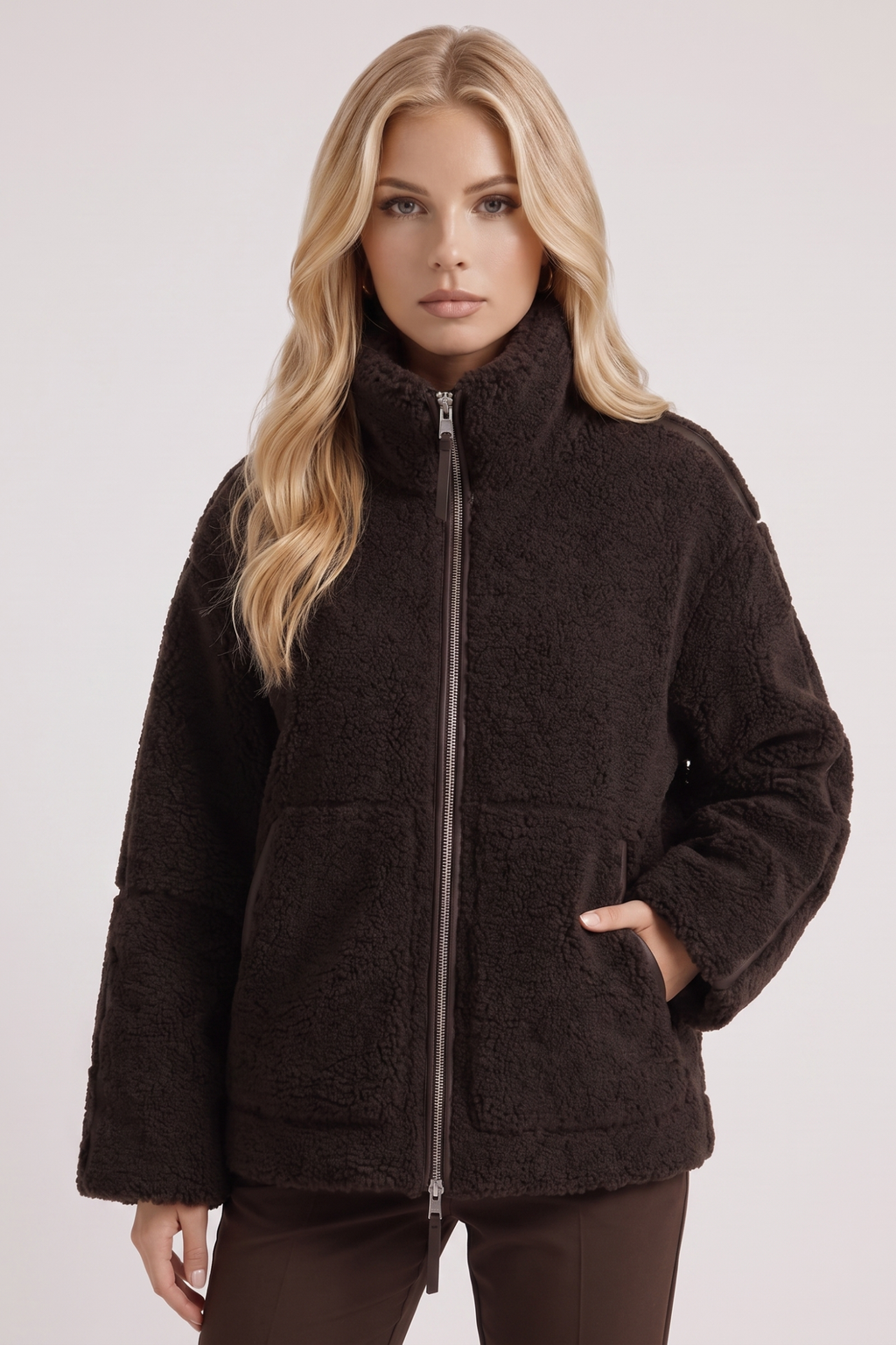 High Collar Zip Front Teddy Jacket