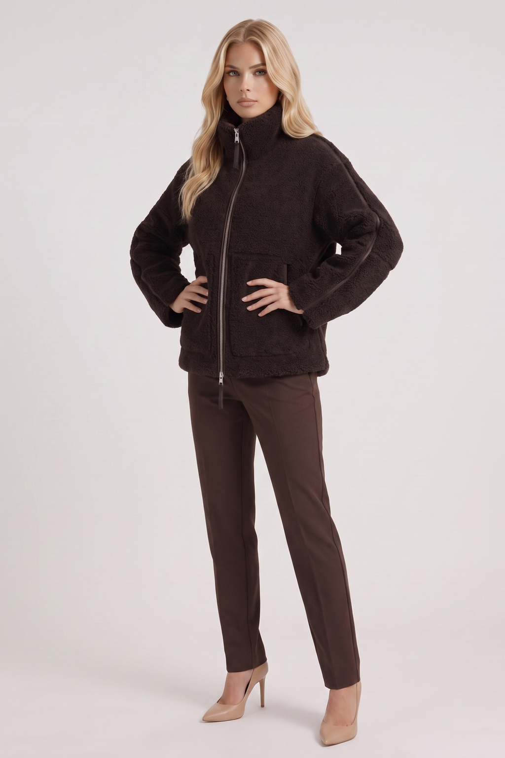 High Collar Zip Front Teddy Jacket