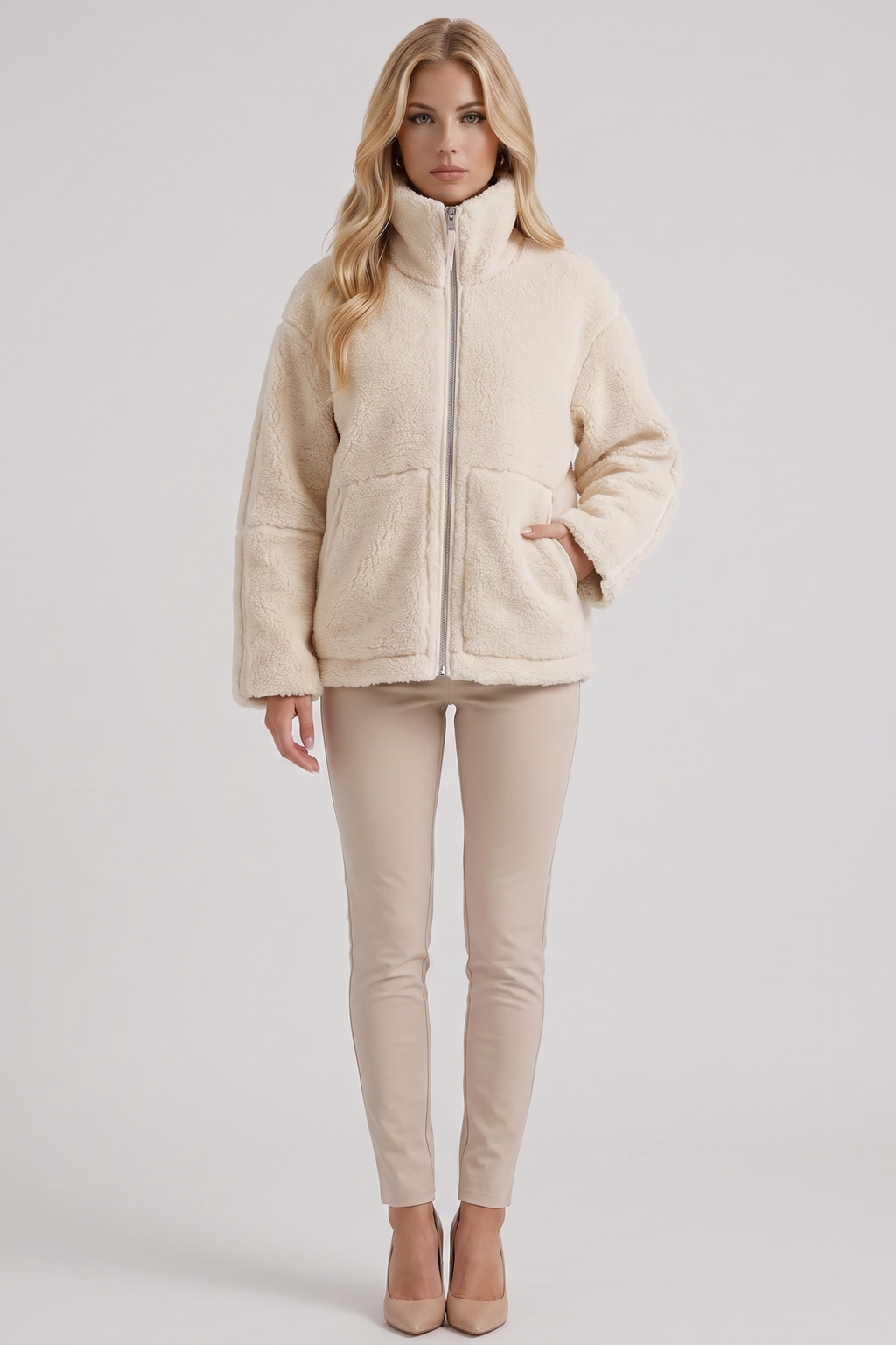 High Collar Zip Front Teddy Jacket