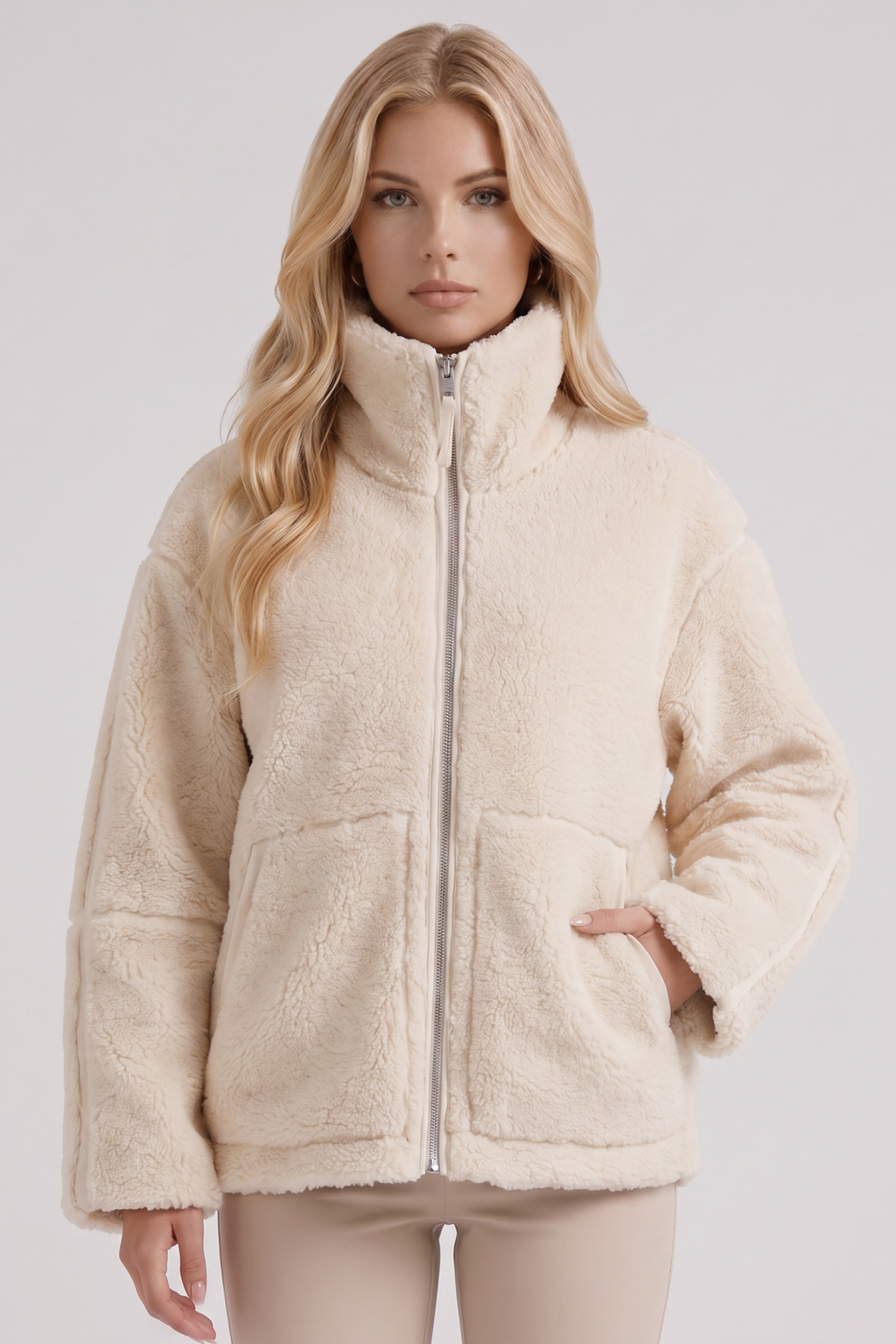 High Collar Zip Front Teddy Jacket
