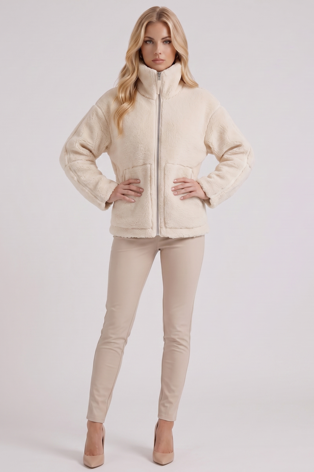 High Collar Zip Front Teddy Jacket