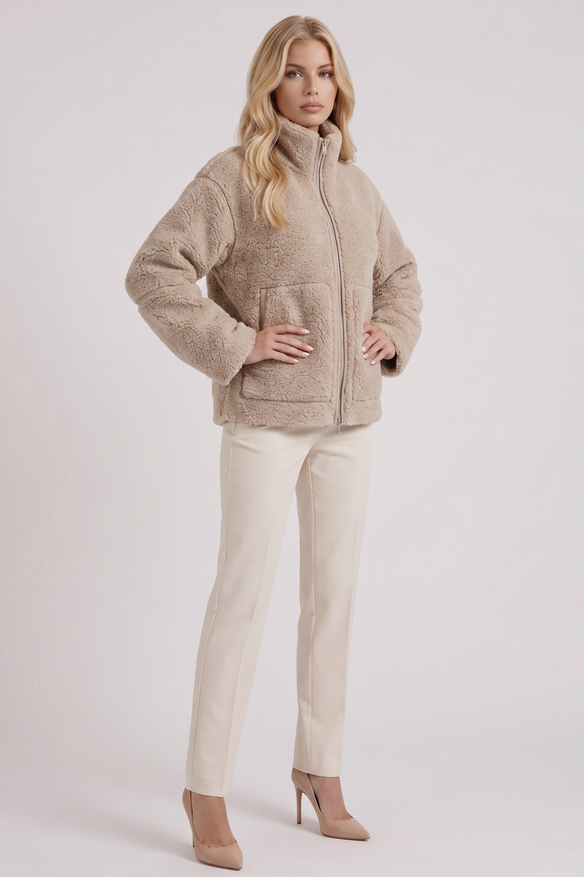 High Collar Zip Front Teddy Jacket