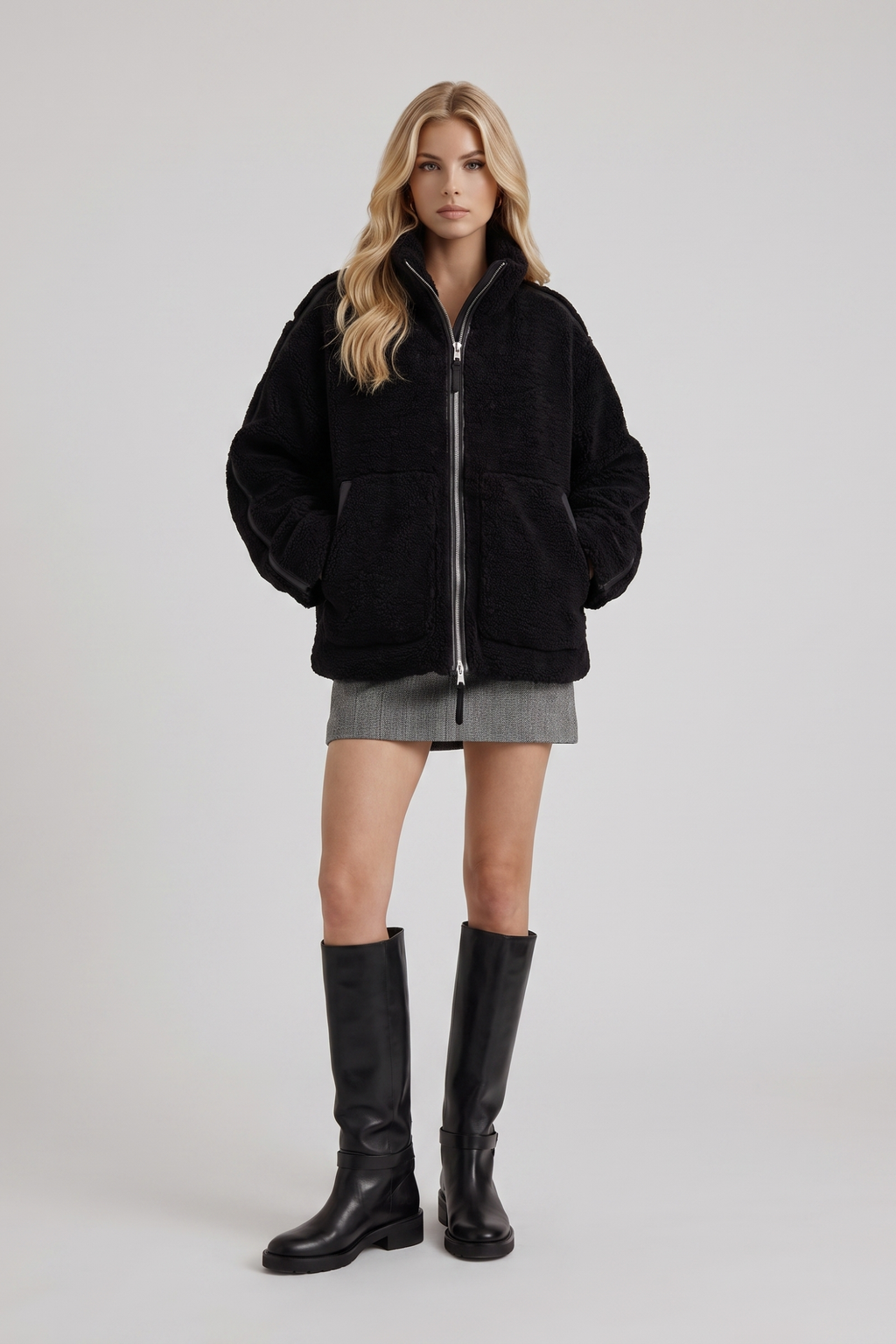 High Collar Zip Front Teddy Jacket