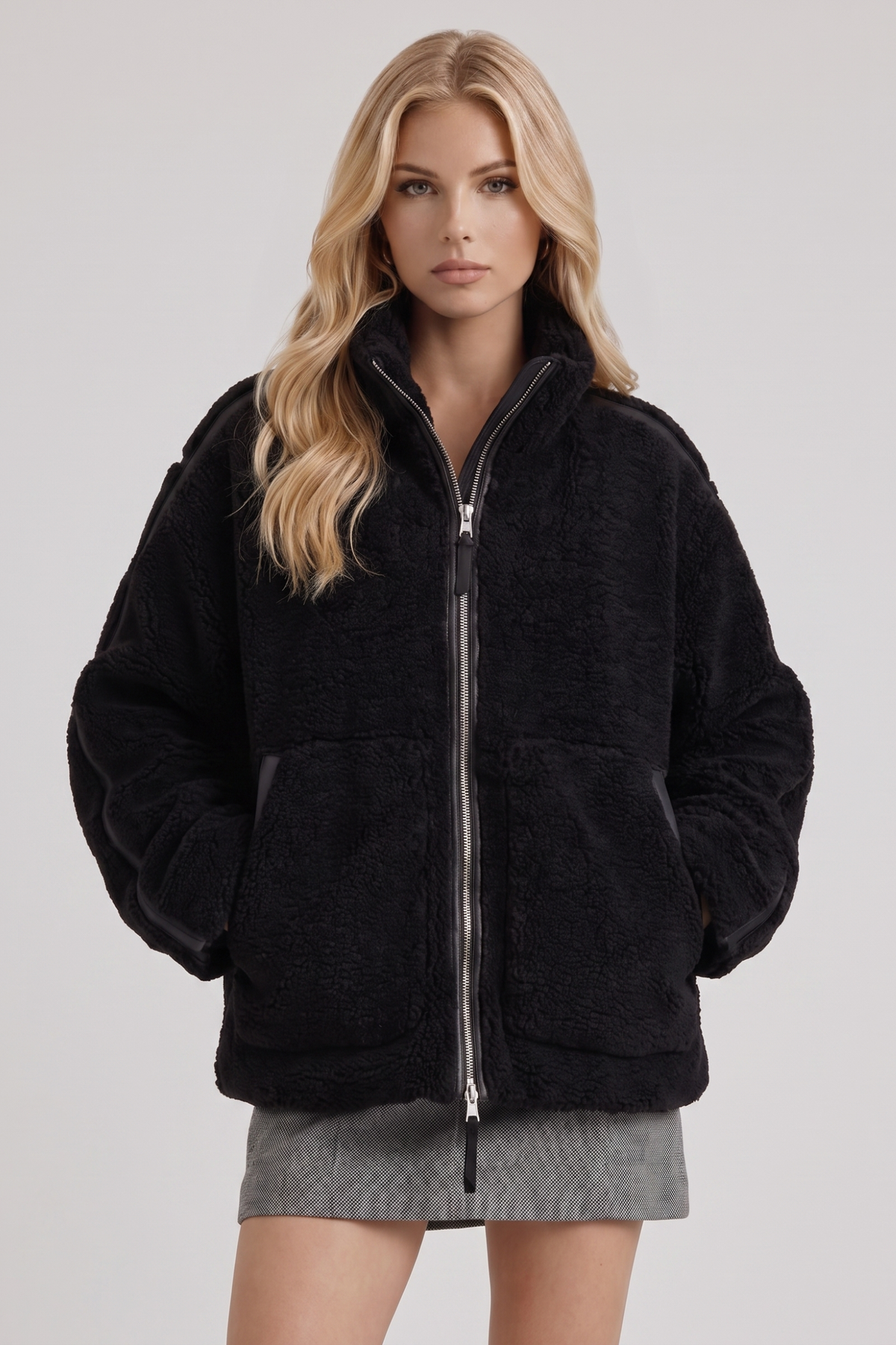 High Collar Zip Front Teddy Jacket