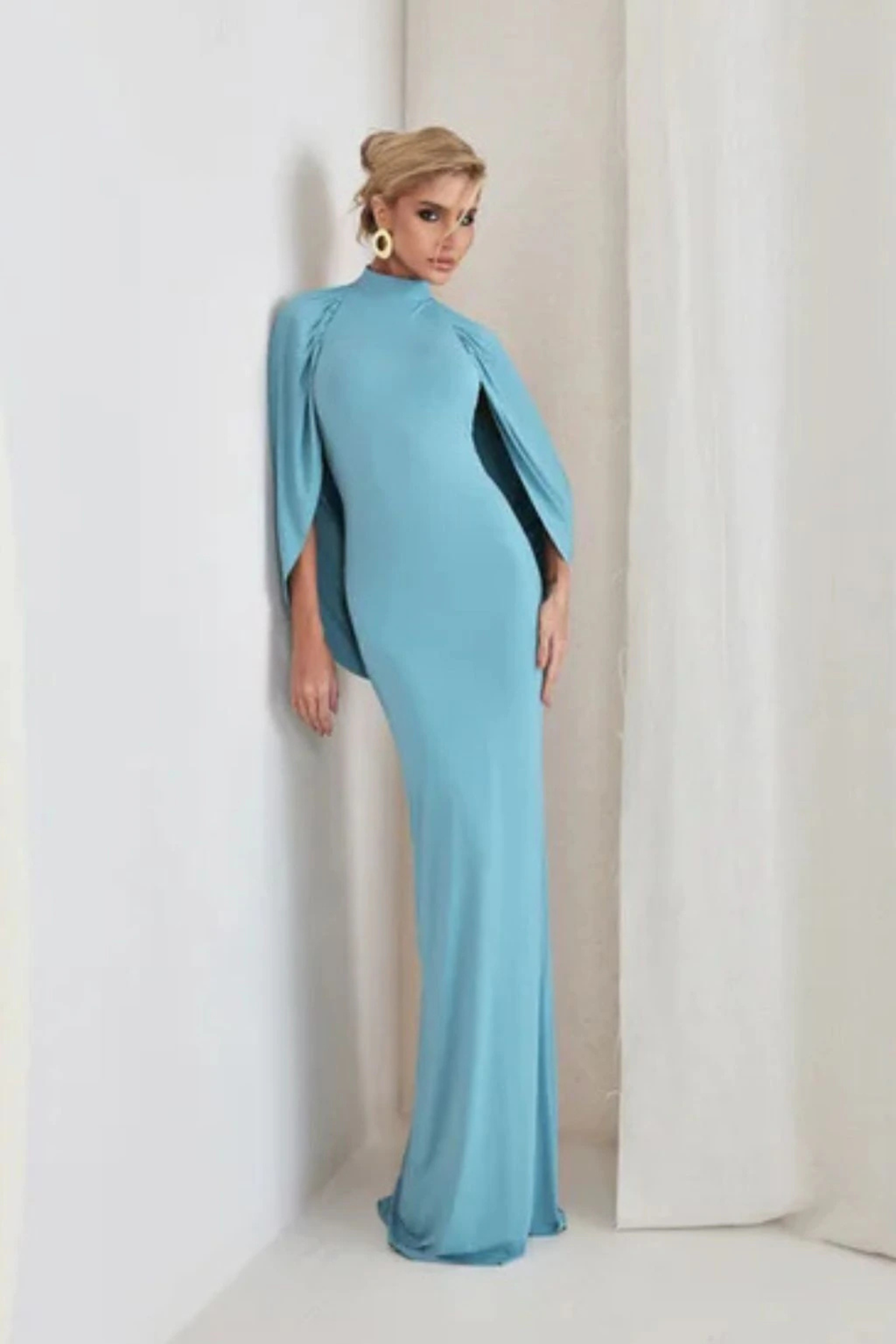 High Neck Cape Sleeve Mermaid Evening Gown