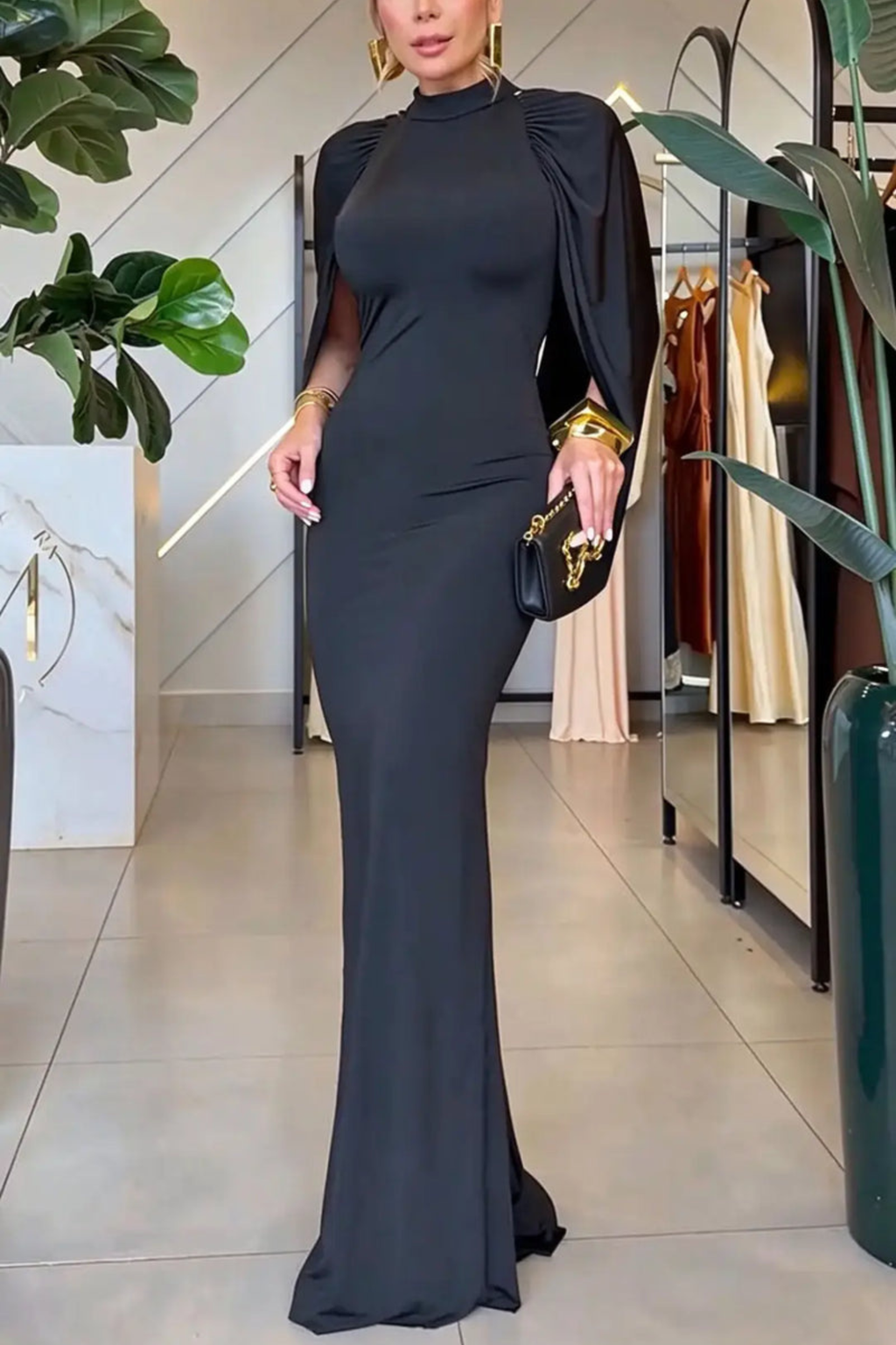 High Neck Cape Sleeve Mermaid Evening Gown