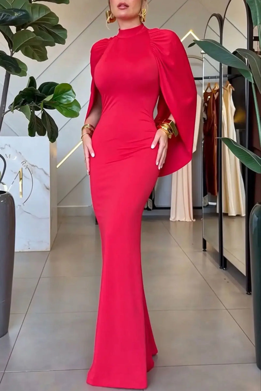 High Neck Cape Sleeve Mermaid Evening Gown