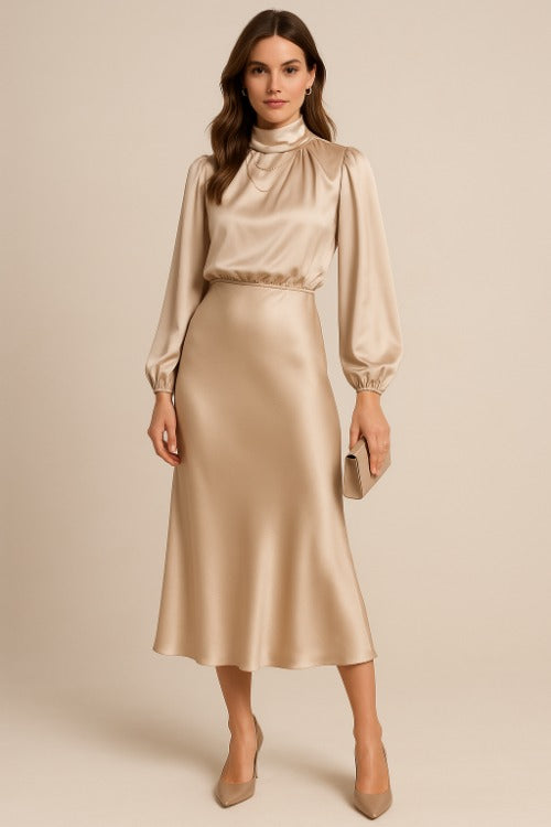 High Neck Satin Midi Dress