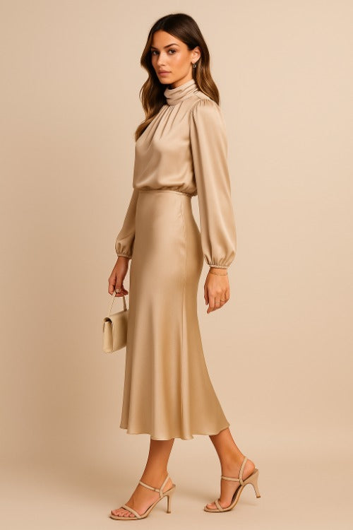 High Neck Satin Midi Dress