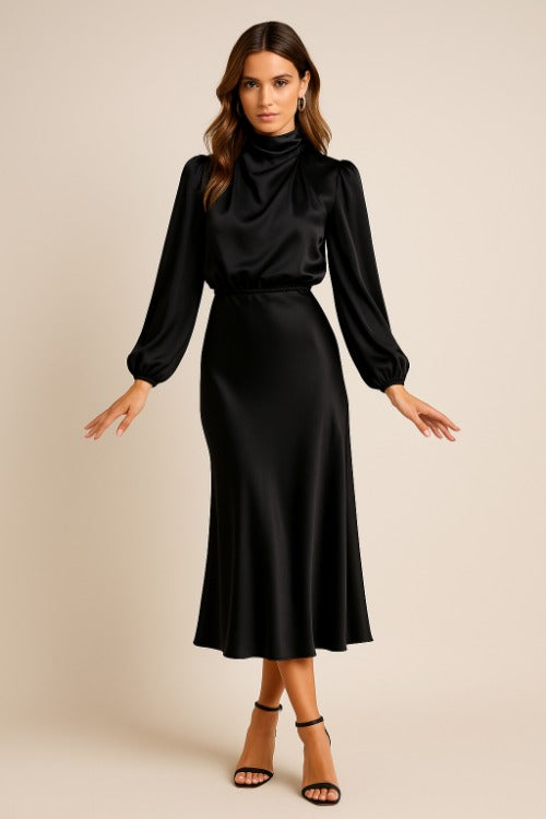 High Neck Satin Midi Dress