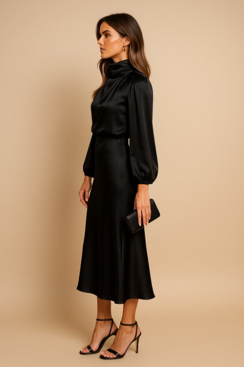 High Neck Satin Midi Dress