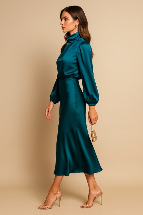High Neck Satin Midi Dress