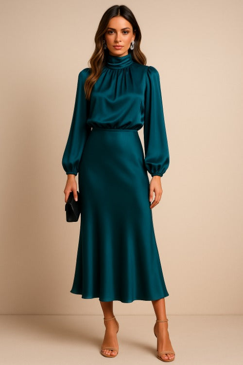 High Neck Satin Midi Dress