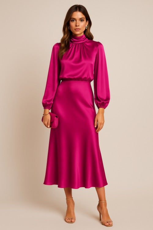 High Neck Satin Midi Dress